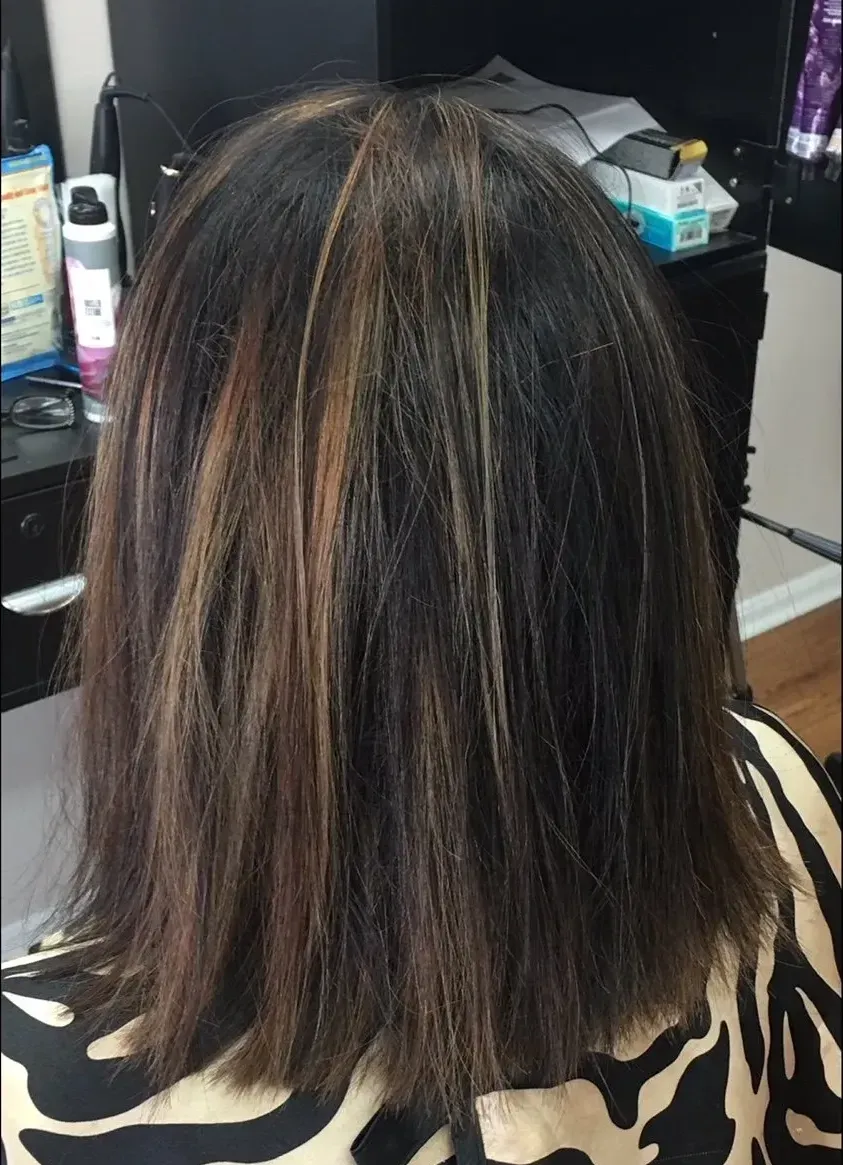 Close-up of a shoulder-length hair style with dark brown and blonde highlights, viewed from the back