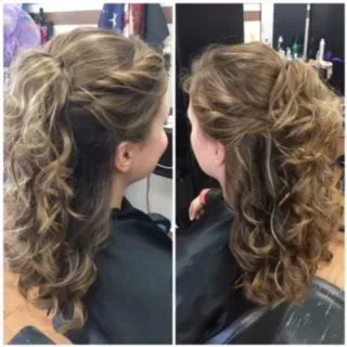 Side-by-side views of a curled half-up hairstyle with braided sections, seen from the back and side.