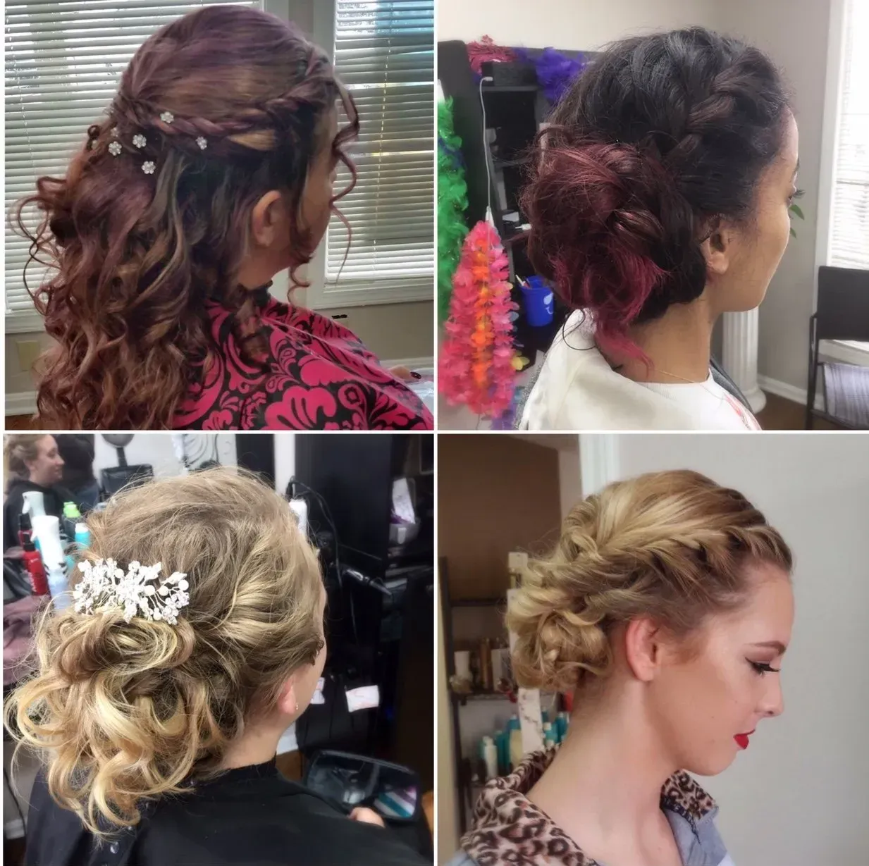 Four bridal updo hairstyles with curls, braids, and floral accessories in a salon setting