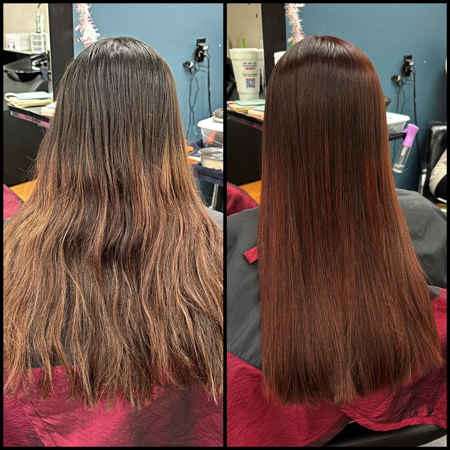 Before-and-after back view of hair treatment: frizzy brown hair transformed to smooth, straight hair.