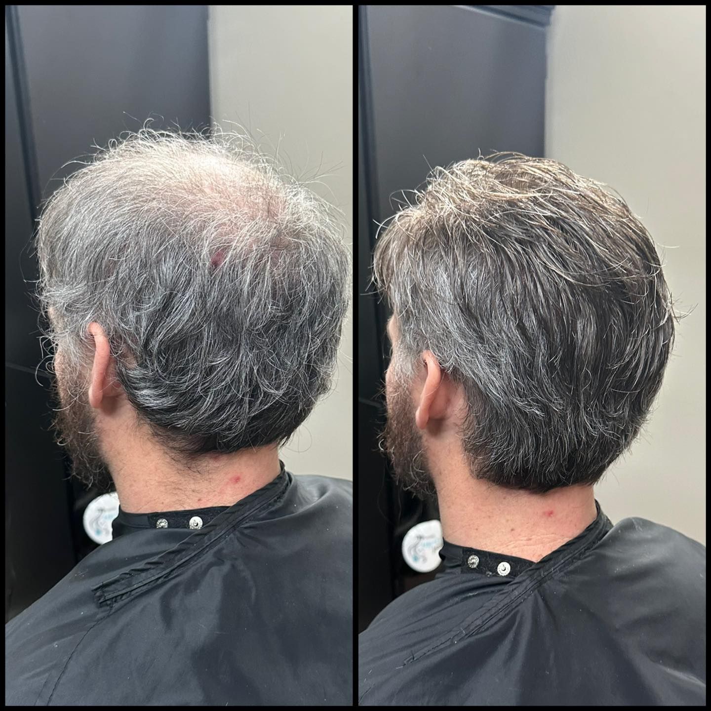 Side-by-side salon photos showing the back of a gray-haired man's head with a haircut before and after.