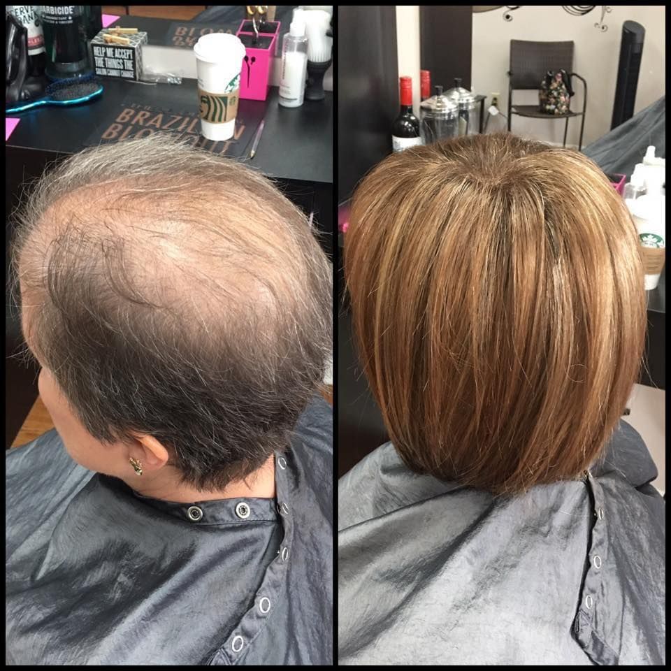Before-and-after salon photo showing a thinning crown transformed into a fuller, highlighted short haircut
